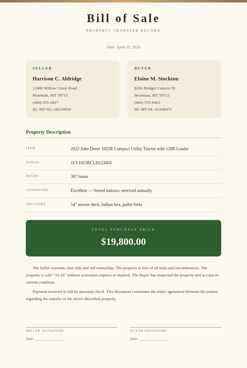 Earth Tone Natural Bill Of Sale